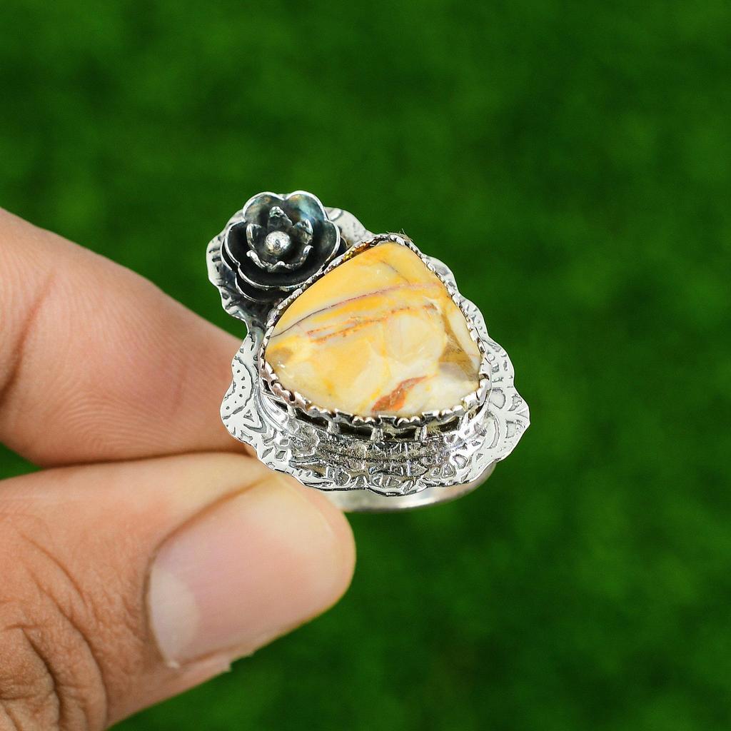 Sterling Silver Peanut Wood Jasper Gemstone Solitaire Trendy Flower Ring Jewelry