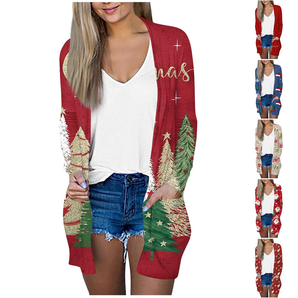 Christmas Women's Fashion Casual Printed Long Sleeve Mid-Length Cardigan Jacket