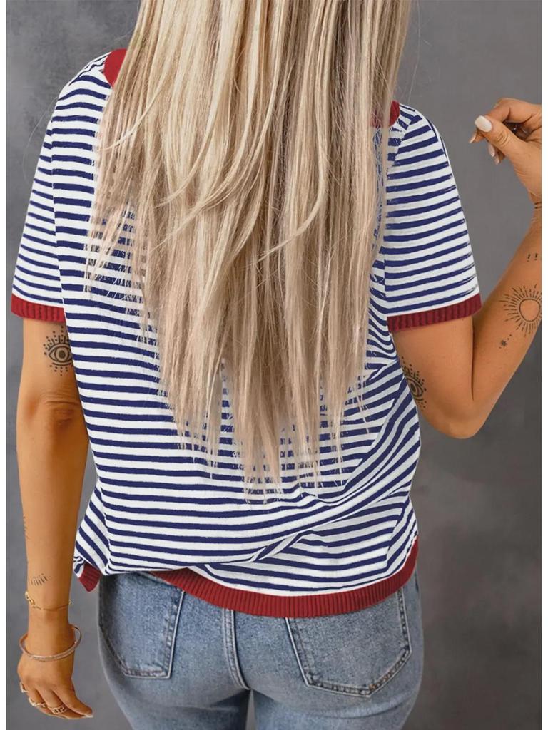 2025 Полосатый контрастный вязаный свитер: Европейский/американский стиль, спущенное плечо, короткий рукав