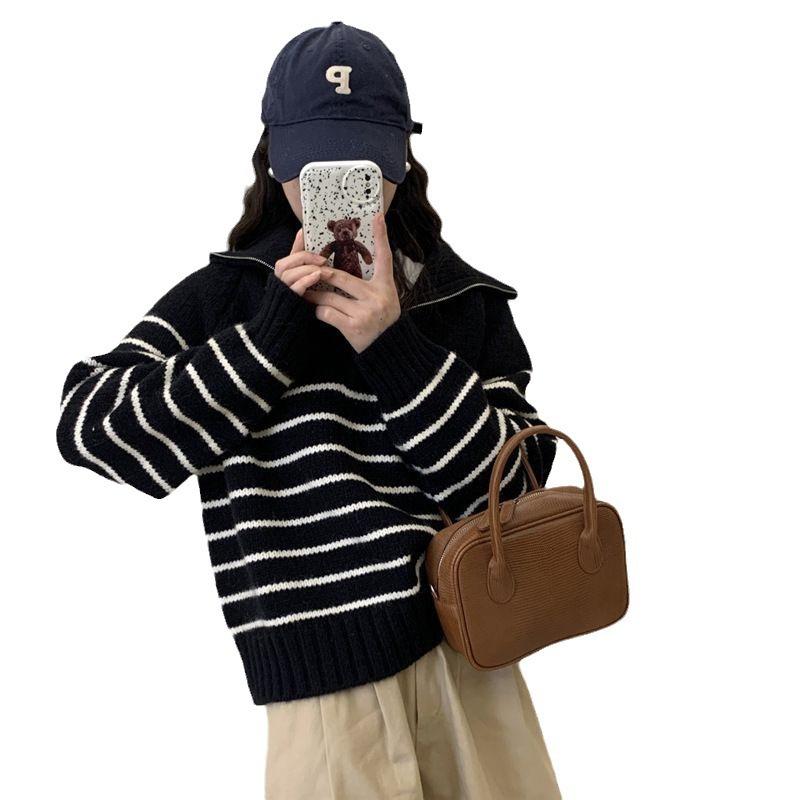 Autumn and Winter New Casual Simple Striped Knitted Sweater Top Women's Fashion Versatile Lapel Pullover Sweater