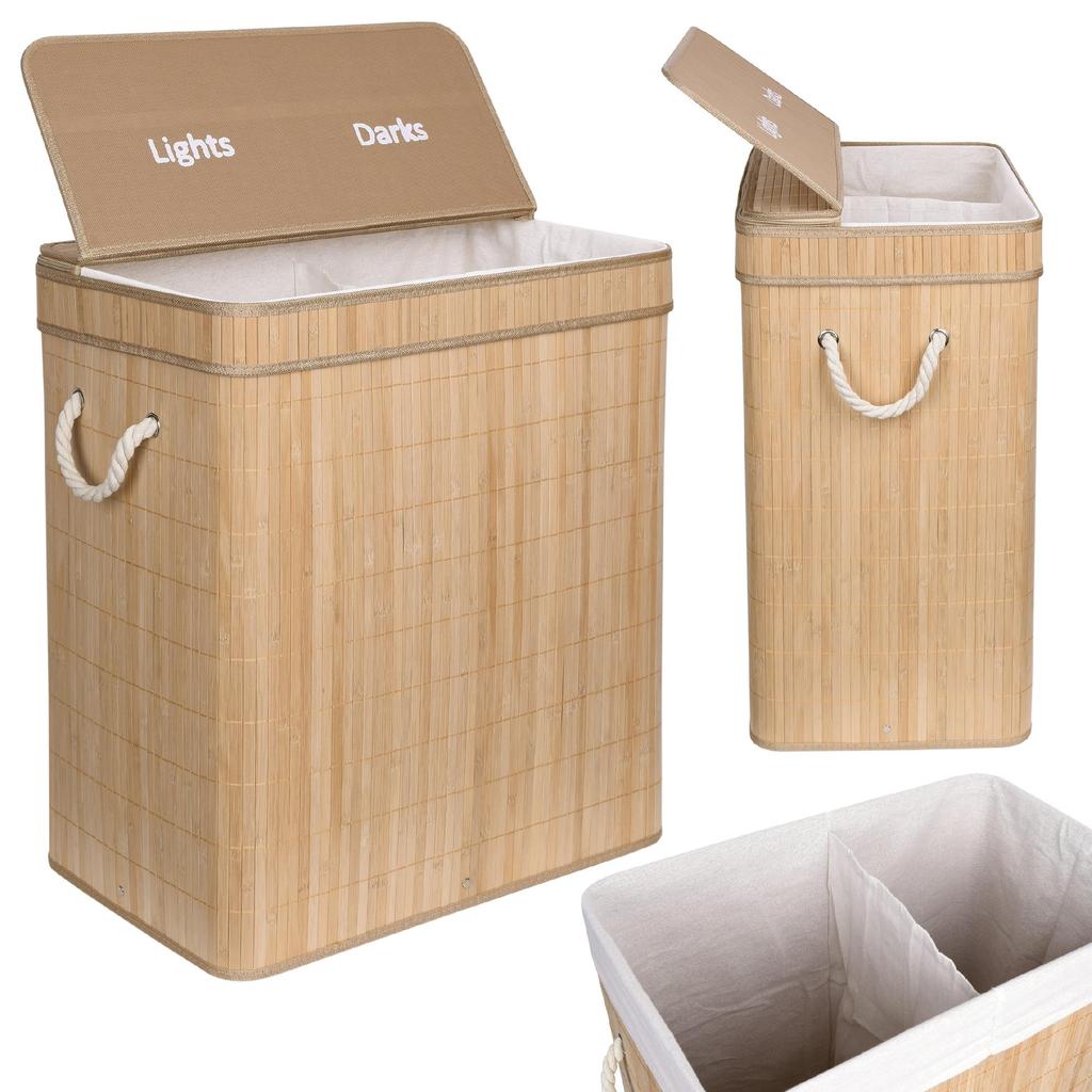 Soren Bamboo Laundry Basket, 2 Compartments, Natural