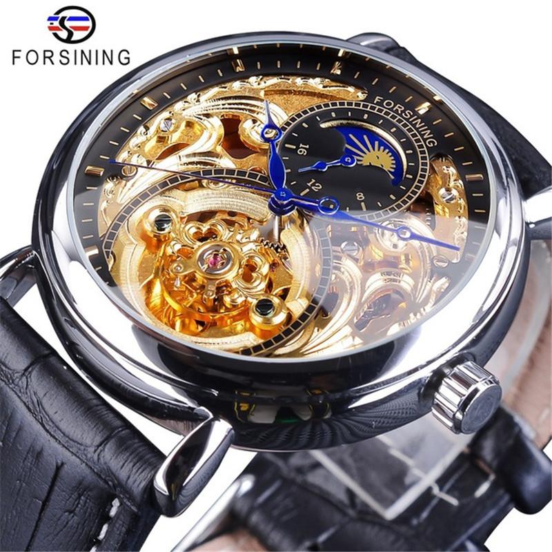 Forsining Men's Fashion Casual Hollow Moon Phase Carved Hollow Automatic Mechanical Watch