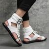 Men Roman Sandals Black White Leather Gladiator Sandals Outdoor Summer Roman Sandals for Men Peep Toe Open Toe Beach Shoes