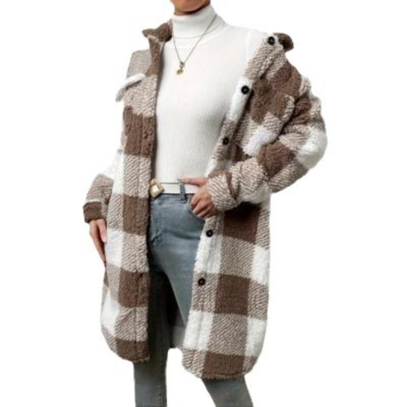 Осенне-зимнее плюшевое пальто в клетку с лацканами на пуговицах, свободное, с темпераментом, для работы, длинное пальто для женщин