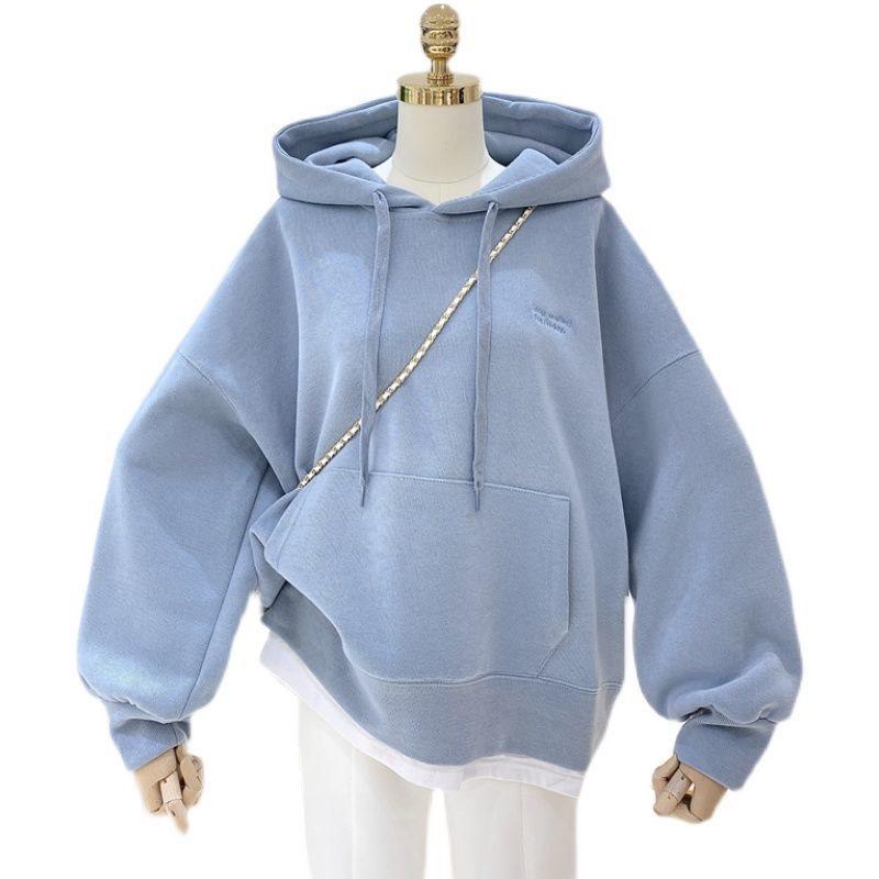Women's Fleece-Lined Patchwork Hooded Sweatshirt - 2025 Autumn/Winter Korean Style Embroidered Loose Fit