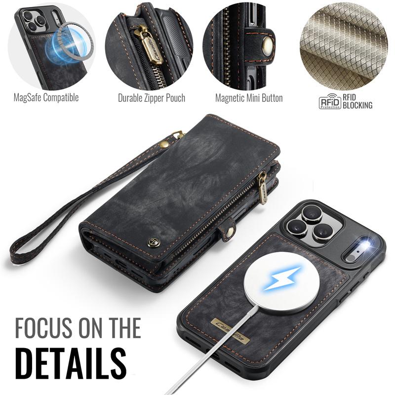 CaseMe Магнитный кожаный чехол-книжка для телефона iPhone 17 Pro Max 17 Air 16 16E 15 Plus 14 13 12 11 XS X XR SE 2022 Кошелек на молнии Задняя крышка с держателем для карт Coque