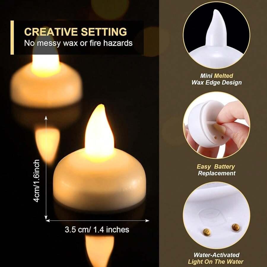 12pcs Flameless Waterproof LED Floating Tea Lights, Flickering Wish Candles,Suitable for Valentine's Day,Wedding,Party,Vase,Pond