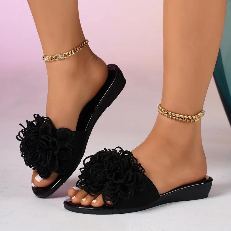 2025 Новые женские тапочки с цветочным принтом, повседневные тапочки, женские летние уличные, большого размера, с мягкой подошвой, с открытым носком, на танкетке