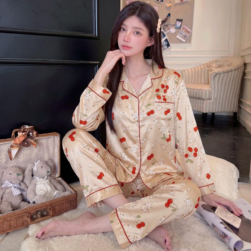 Japanese and Korean style floral bear girl pajamas spring and autumn silky ice silk loungewear cartoon long-sleeved two-piece set