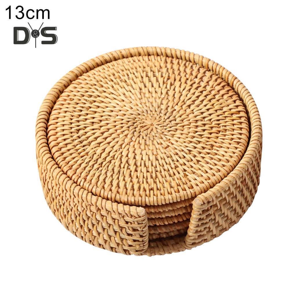 6Pcs/Set Drink Coasters Set Round Tableware Placemat Dish Mat Rattan Weave Pad
