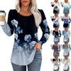 Women's Casual Top Printed Round Neck Long Sleeved Pleated T-shirt