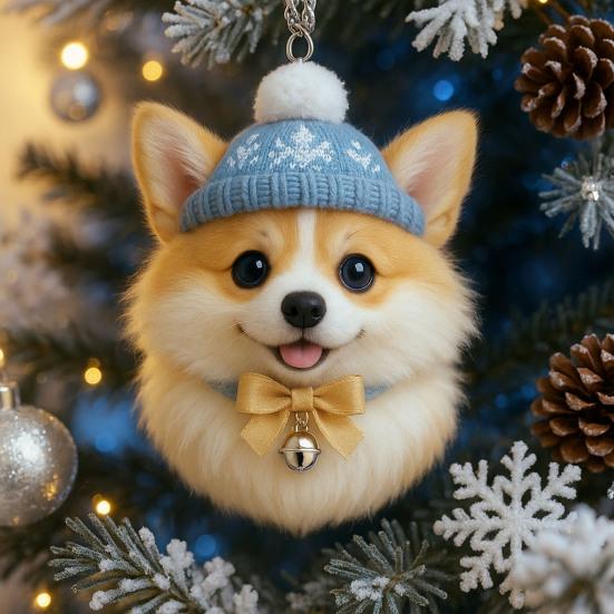 Pom-Pom Pet Ornament 2D Acrylic Cute Dog Christmas Ornament Cartoon Furry Pet Shaped Xmas Tree Hanging Decor for Holiday Party Supplies