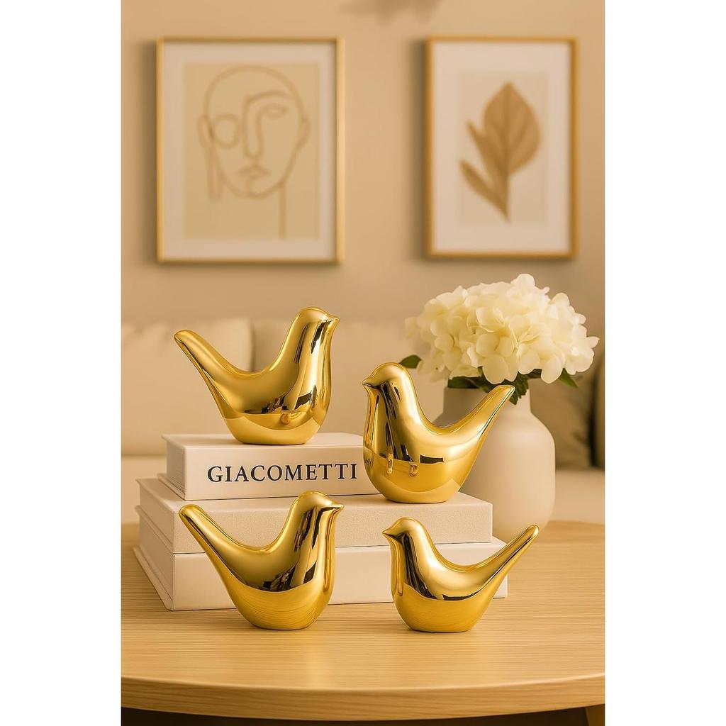 Ceramic Golden Blessing Birds Figurine for Home Decor | Living Room, Bedroom, Office Desk, Cabinets - (Pack of 4, Golden)