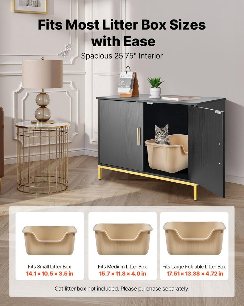 Cat Litter Box Enclosure Furniture, 70 cm Hidden Litter Box Cabinet with Metal Legs & Handle, Modern Style Cat Washroom House End Table, Fit Most of
