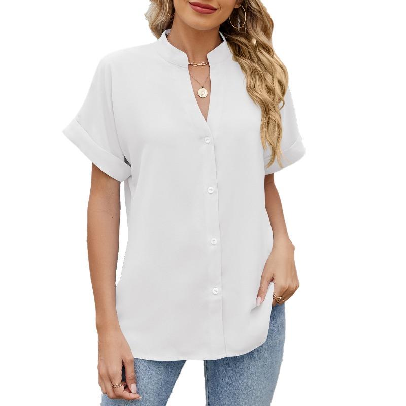 Женская однотонная рубашка свободного кроя с V-образным вырезом и короткими рукавами, застегивающаяся на пуговицы, шифоновая блузка весна/лето