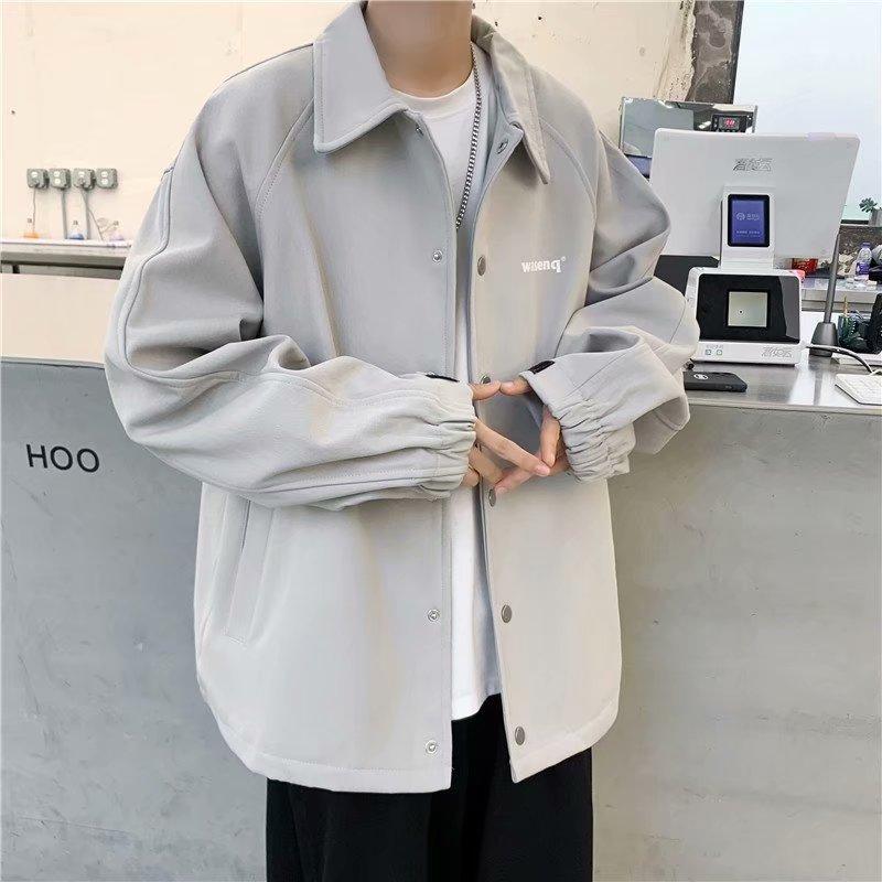 Мужские весенне-осенние новые куртки с контрастной вставкой, отложным воротником, на пуговицах, с карманами, модные однотонные свободные повседневные куртки с длинными рукавами