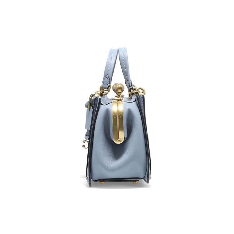 Coach Kisslock 21 Solid Color Leather Kiss Lock Shoulder Crossbody Handbag Small Women handbags Fog-Blue Morandi 73935-B4M4
