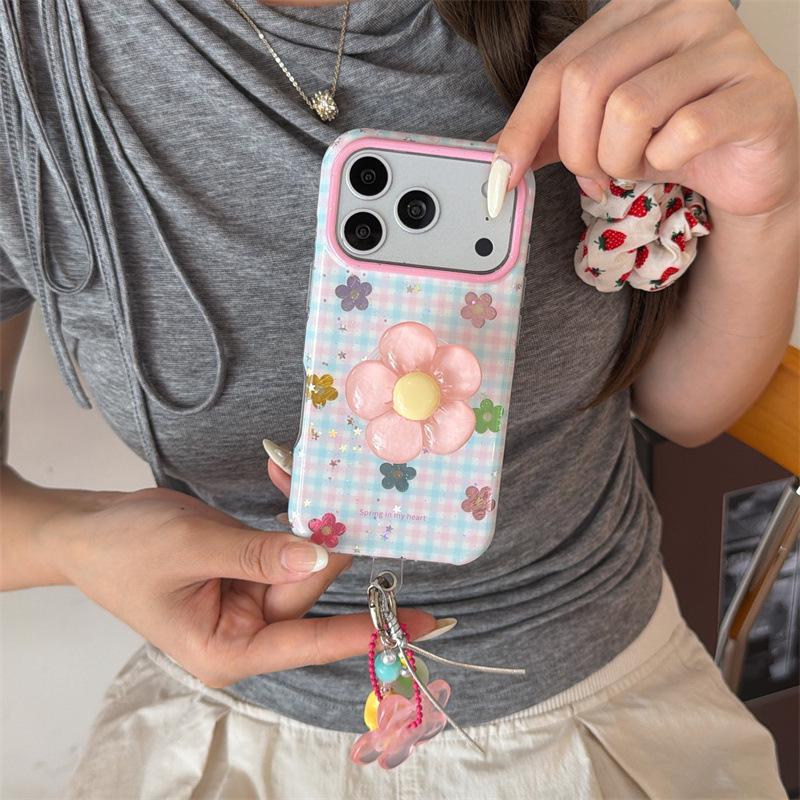 Яркий Цветочный Клетчатый Чехол для Телефона iPhone 17, 16 Pro Max, 15, 14 - Японский Корейский Стиль