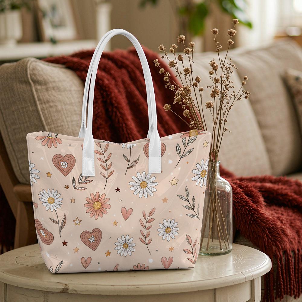 Sweet Floral Heart Printed Casual Tote Bag Large Capacity Daily Handbag for Women Lightweight Reusable Outdoor Shoulder Bag