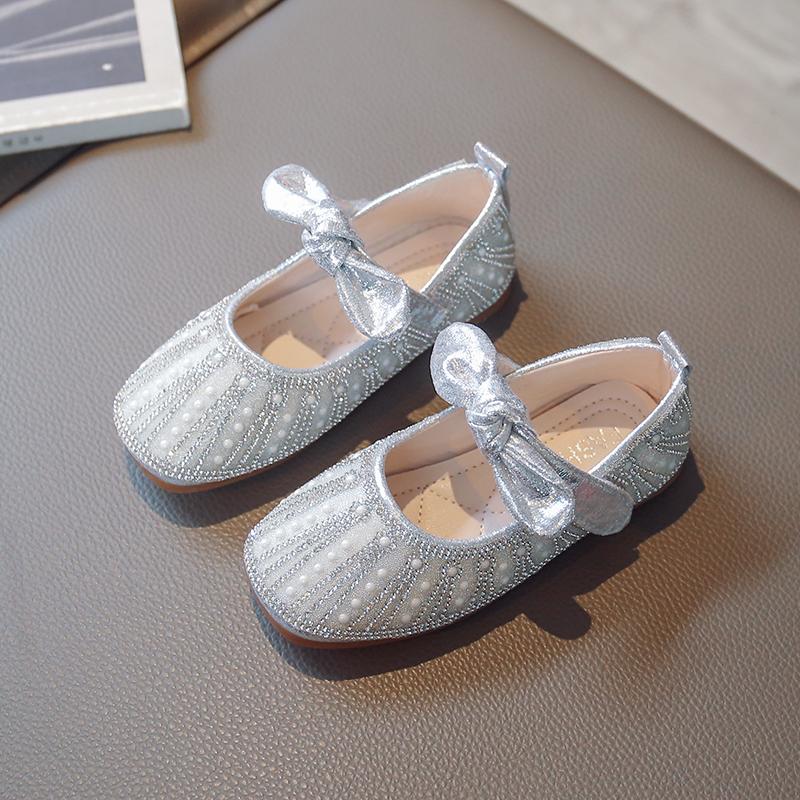 Children Princess Shoes Lovely Solid Color Bow 2024 All-season Versatile Flat Bottom Shiny Pearl Rhinestone Girls Mary Jane New