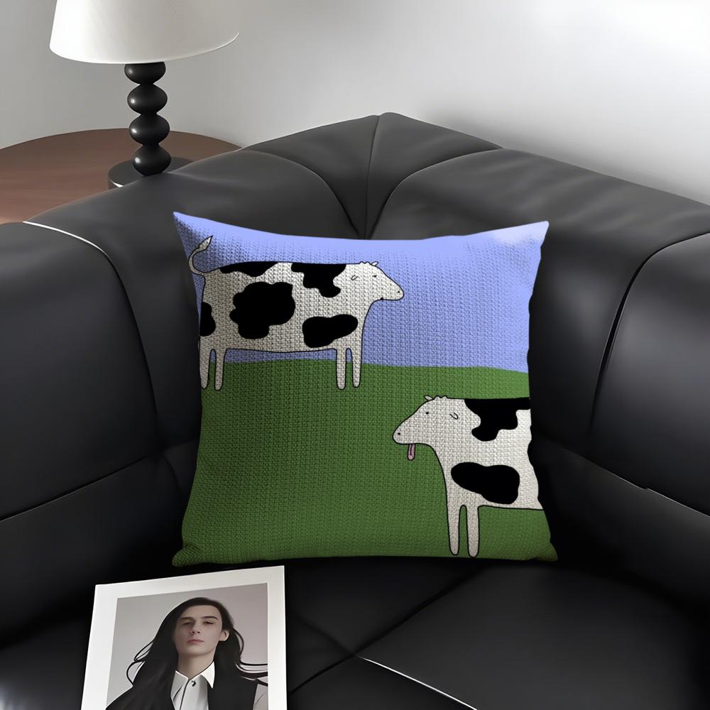 Cow Cartoon Cushion Cover Natural Linen Organic Fabric DoubleSided Printing Sofa Home Decor Gift Pillow Case