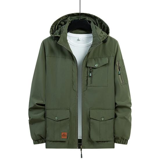 Men Fall Winter Jacket Waterproof Multi Pocket Hooded Long Sleeve Solid Color Soft Loose Smooth Zipper Closure Detachable Hat Streetwear Outdoor
