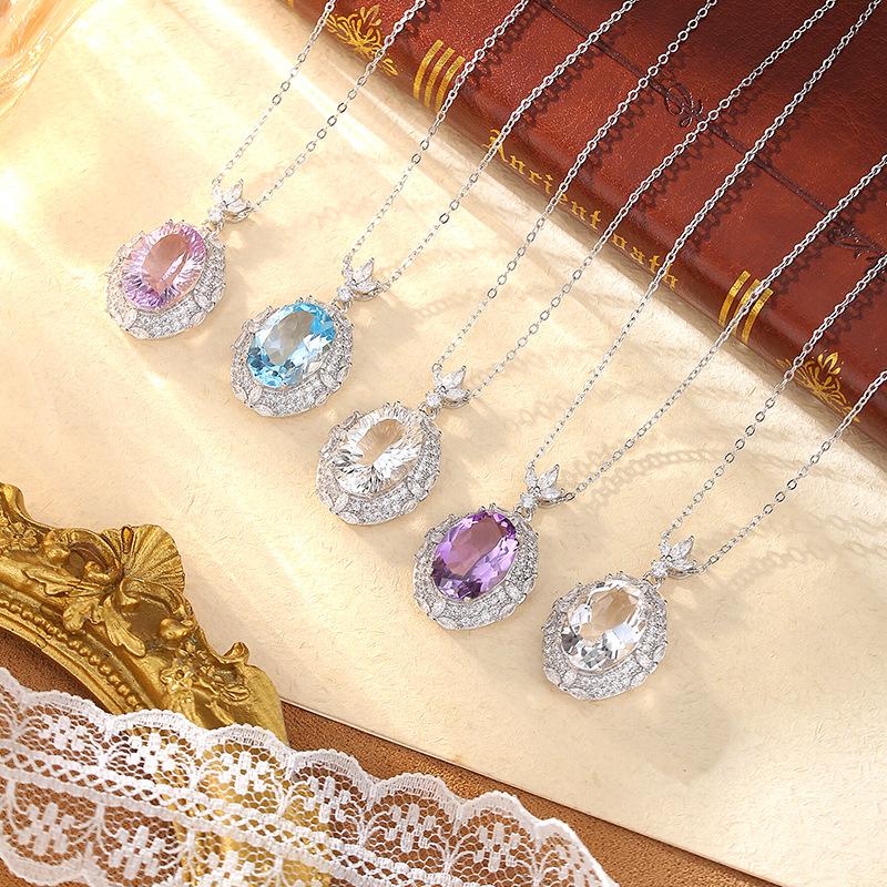 Natural crystal stone oval pendant s925 silver diamond mosaic design collarbone chain niche light luxury fashion jewelry gift