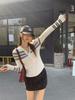 Grey Striped Lapel Knitted Sweater Long Sleeve T-Shirt Women's Autumn and Winter Wear Slim Button Bottom Top