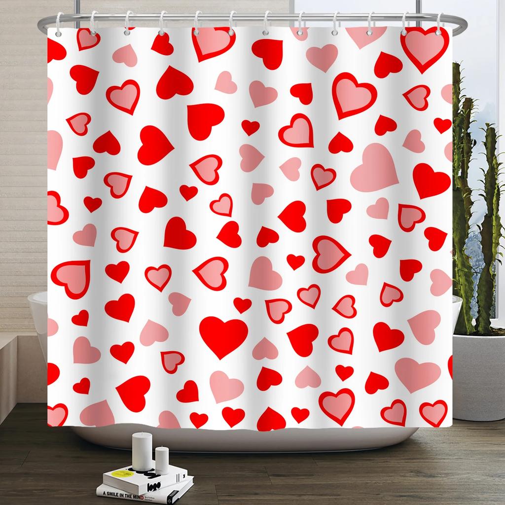 Happy Valentines Day Heart Shower Curtain Red Pink Romantic Falling Love Heart Sweet Lovers Waterproof Bathroom Curtain Decor