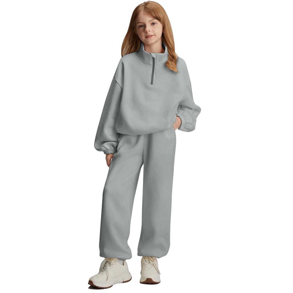 Girls' High-Neck Half-Zip Sweatshirt + Long Pants Sports Fleece Casual Children's Set
