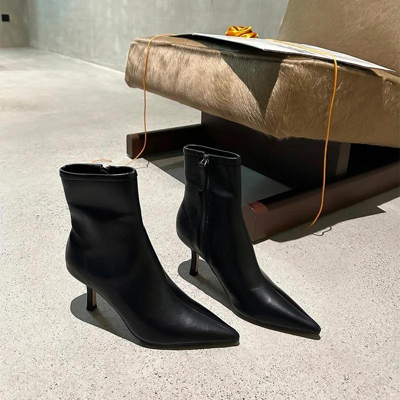 Pointed Toe Women Elastic Short Boots Fashion Side Zippers Slim Ankle Booties High Heel 2024 New Autumn Winter Ladies Shoes