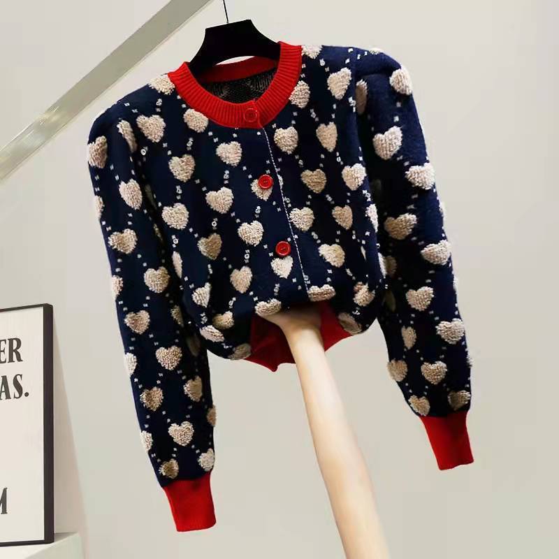 Сердце Клетчатый О-образный вырез Винтаж High Street Вязаные женские кардиганы свитер Корейская мода однобортный короткий кардиган для женщин