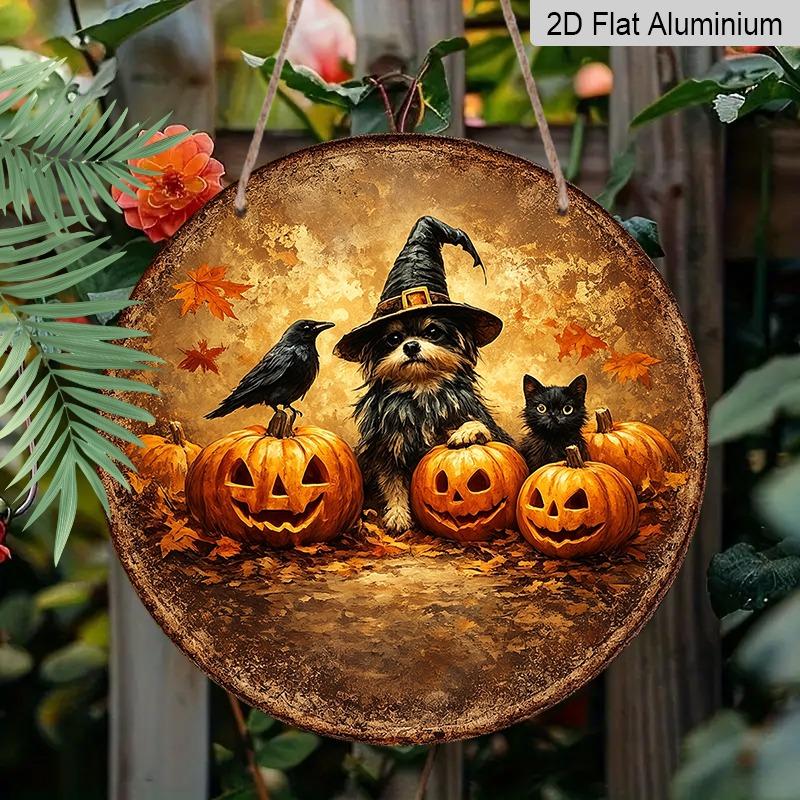 2D Flat 1pc/2pcs, Decorative Plaques and Ornaments Sign, Aluminum Hanging Sign, Black Cat, Crow & Pumpkin Lantern Vintage Print, Autumn Harvest Home