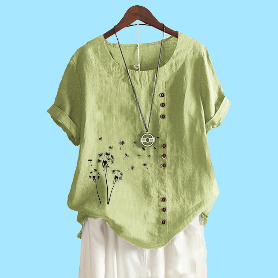 Женская мода хлопок льняной топ блузка лето и осень короткий рукав футболка женская повседневная цветочный принт свободная блузка