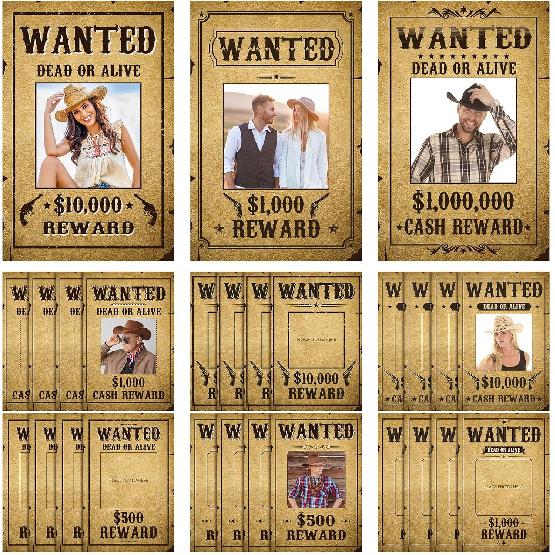 Gueevin 36 Pcs Western Wanted Photo Cutout Signs Cowboy Cowgirl Wanted Picture Cut Outs for Birthday Halloween Western Themed Party Supplies