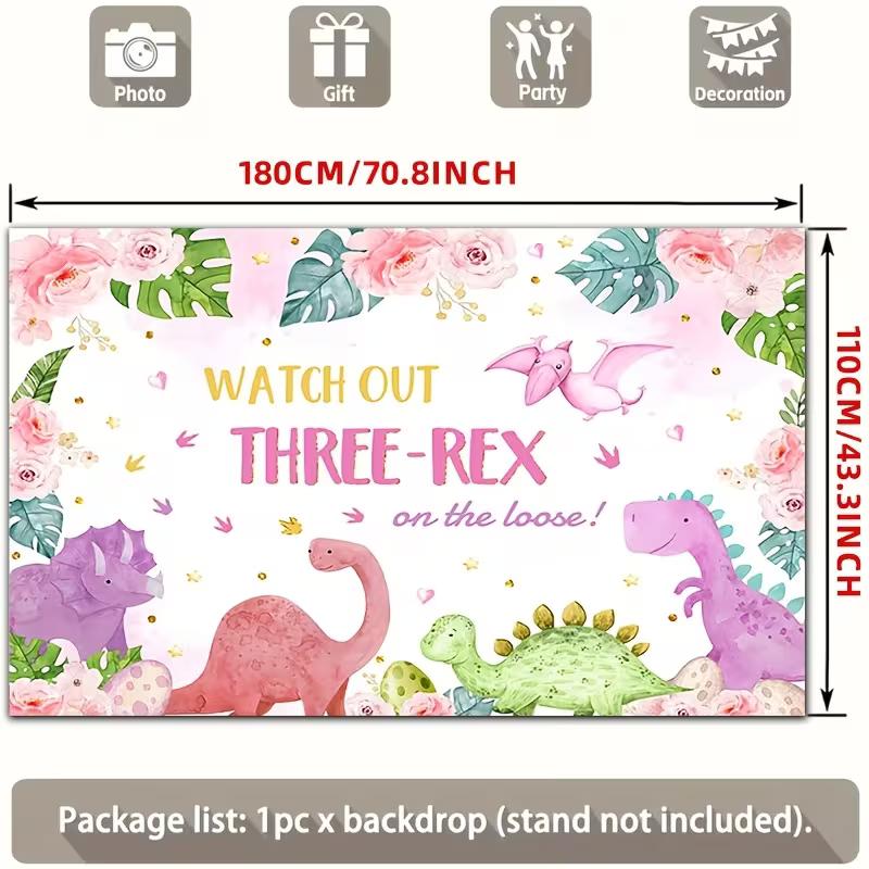 2D "Watch Out Three-Rex" Pink Watercolor Dinosaur 3rd Birthday Backdrop