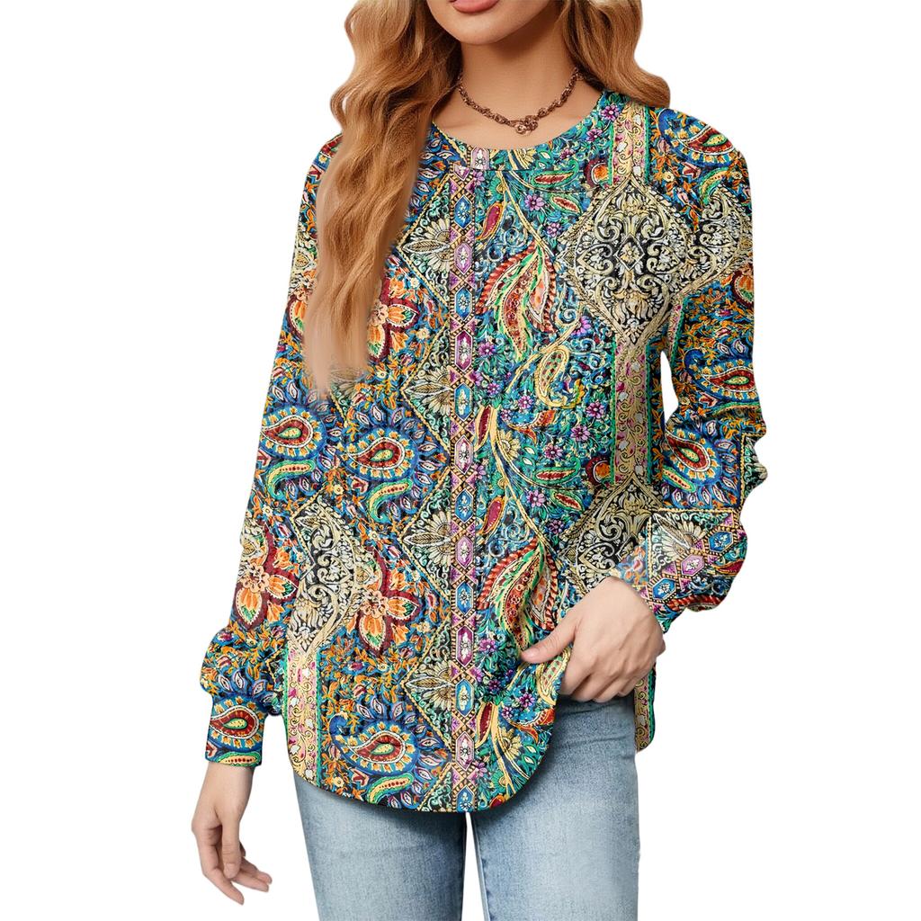 Fashionable Women's Long Sleeved Retro Printed Lightweight Sweater With Loose Round Neck Top
