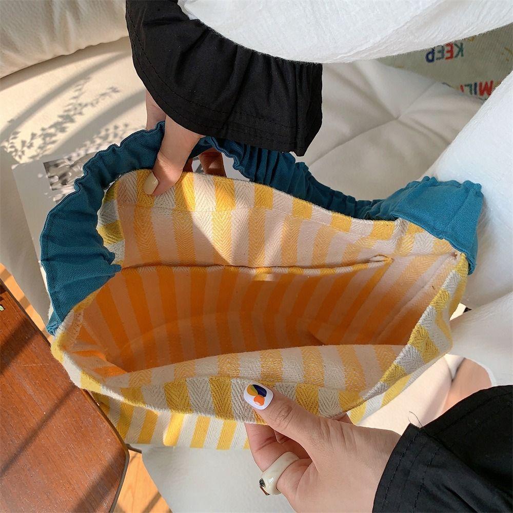 Large Capacity Stripe Canvas Bag Pleated Shoulder Strap Cloth Shoulder Bag Cute Tote Bag  Women