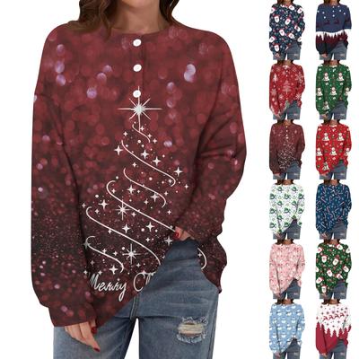 Женская повседневная свободная толстовка с длинным рукавом, пуговицами и круглым вырезом с рождественским принтом