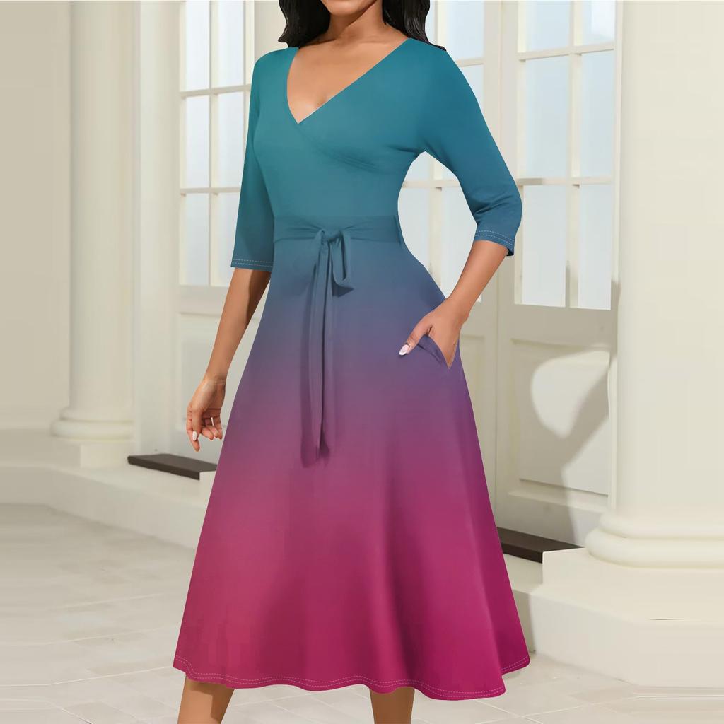 Женское повседневное модное платье миди с V-образным вырезом и рукавом три четверти