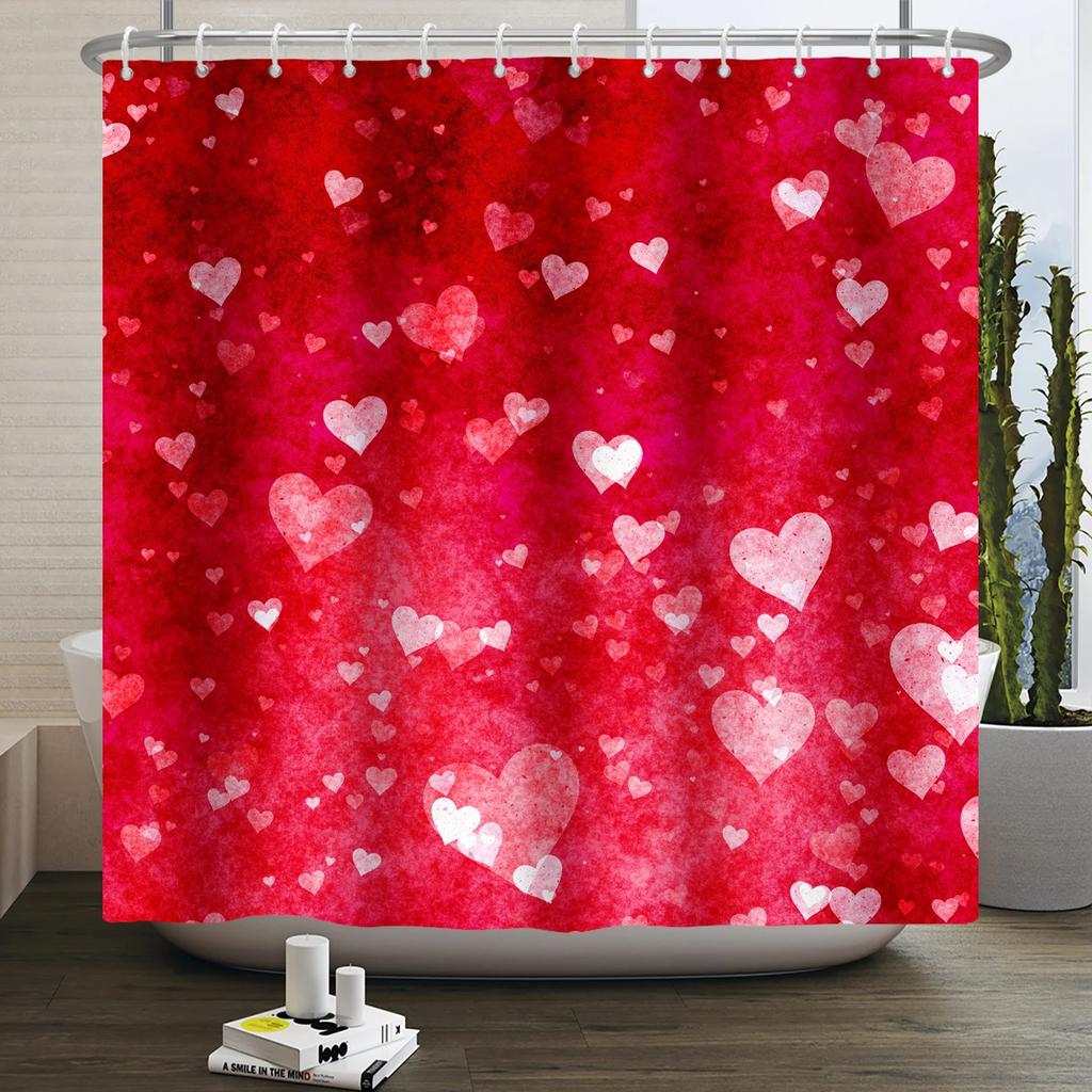 Happy Valentines Day Heart Shower Curtain Red Pink Romantic Falling Love Heart Sweet Lovers Waterproof Bathroom Curtain Decor