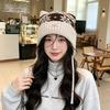 Fair Isle Pattern Knitted Beanie Hat Chin Strap Winter Beanie Hat Wool Blend Knit Hat  For Women