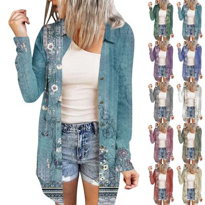 Женский повседневный кардиган средней длины с длинным рукавом и цветочным принтом в стиле ретро