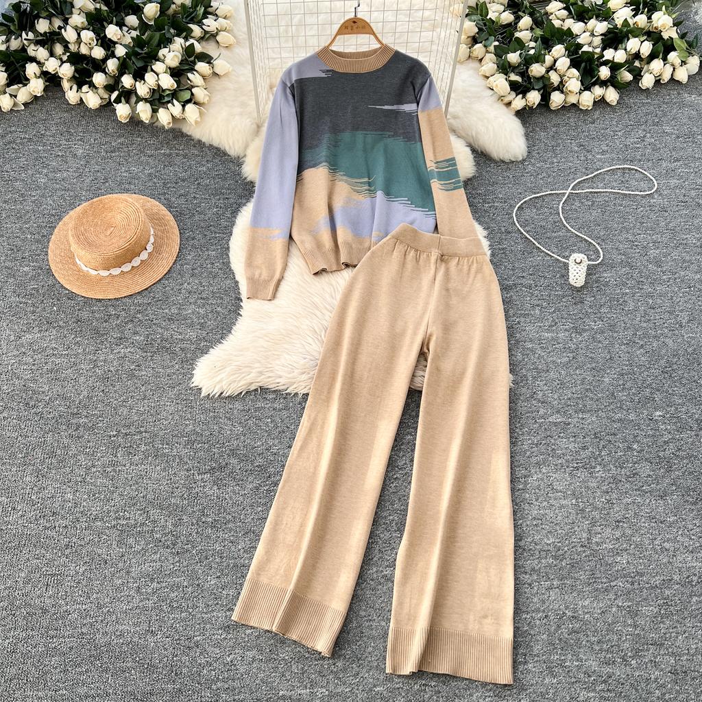 Spring Autumn Oil Painting Print Knitted Sweater Trouser Two Piece Set Women Pullover Tops and Wide Leg Pants Tracksuit