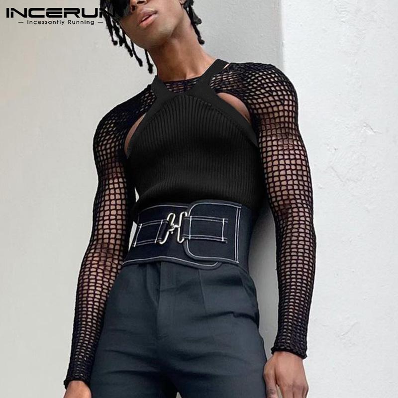 INCERUN S-5XL Summer Mens Fashion Long Sleeved Bare-midriff Tops Sleeveless O-neck Undershirt Mesh See-through Shirts Black Clubwear