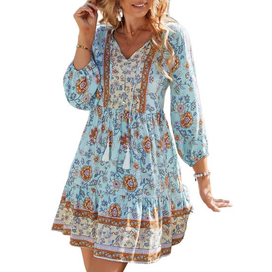 Женское платье Yousheng с цветочным принтом в стиле бохо, повседневное, с длинным рукавом, струящееся, короткое, свободное, с V-образным вырезом, на пуговицах, платье А-силуэта, мини-пляжное платье-сарафан