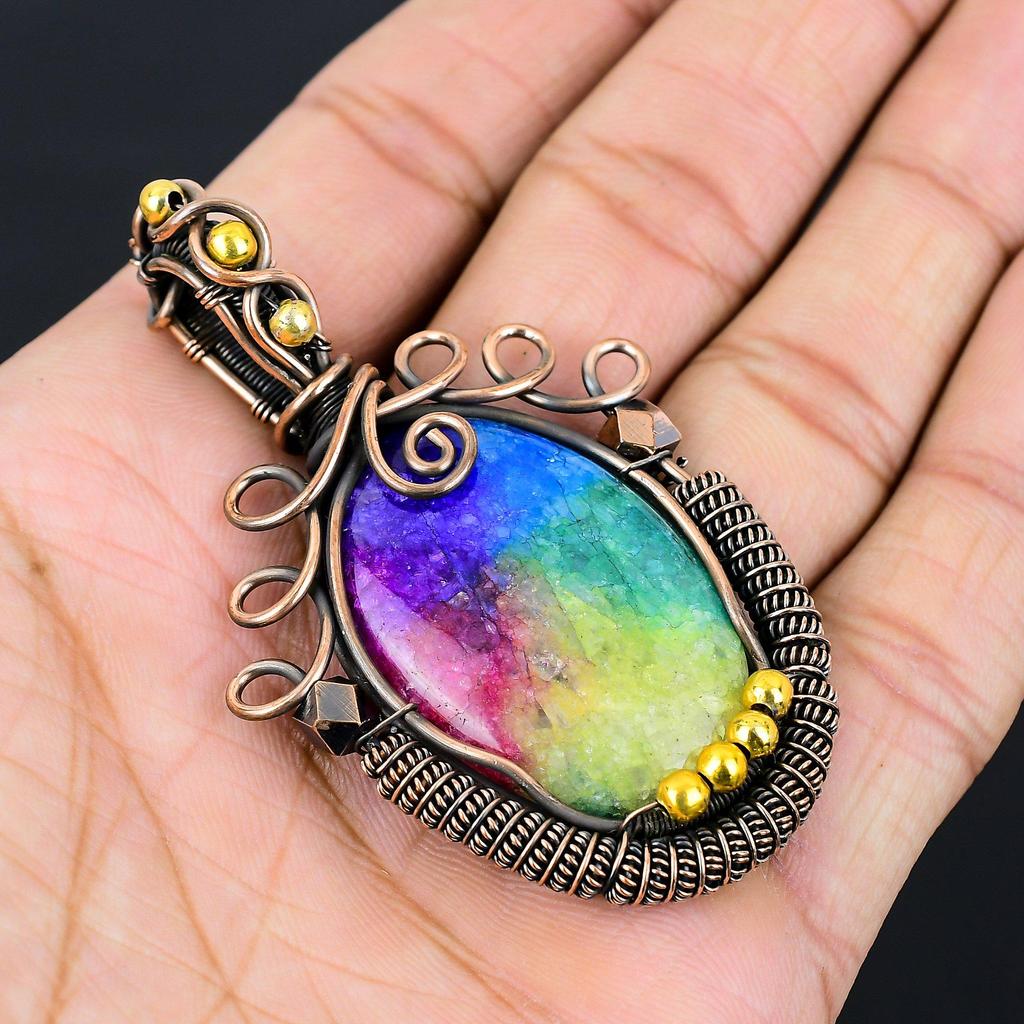 Rainbow Solar Quartz Gemstone Pure Copper Wire Wrapped Handmade Pendant Jewelry For Gift