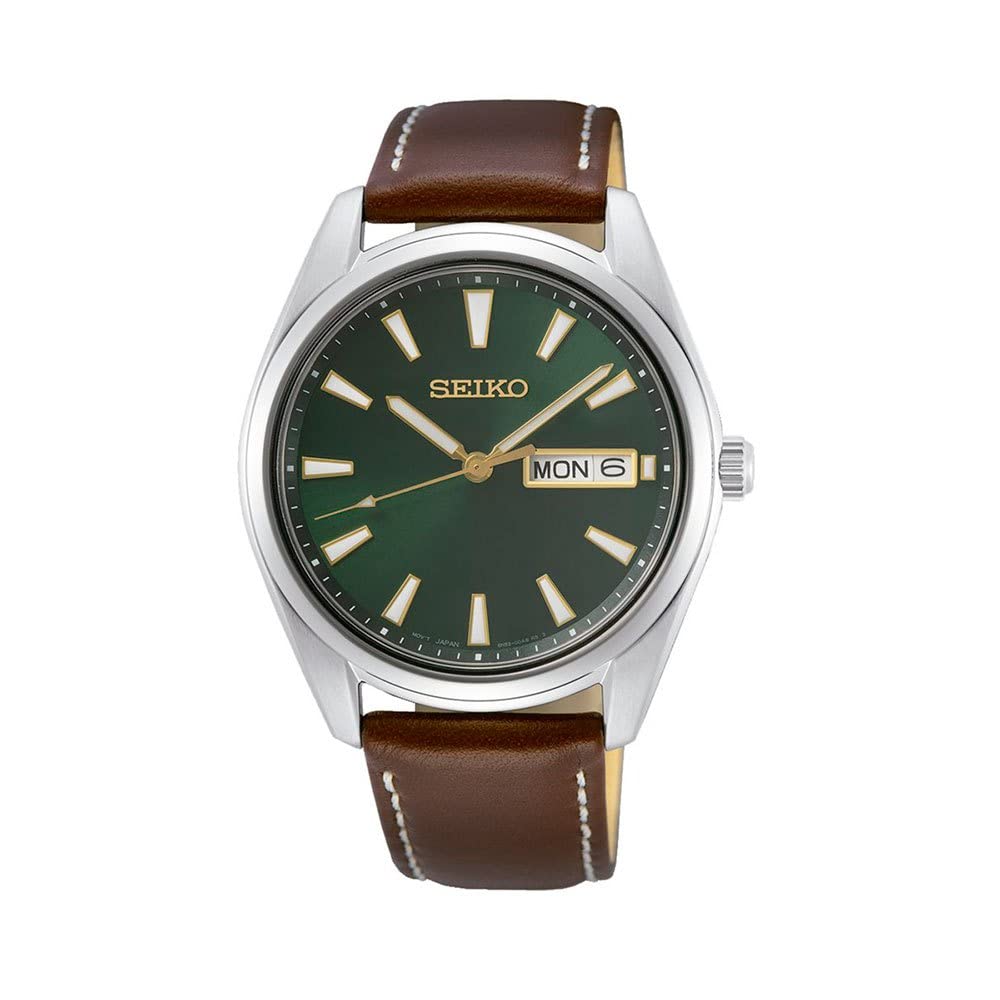 Seiko Кварцевые часы SUR449P1, Зеленый циферблат, Коричневый ремешок из телячьей кожи, Сапфировое стекло, Водонепроницаемость 100м, Мужские