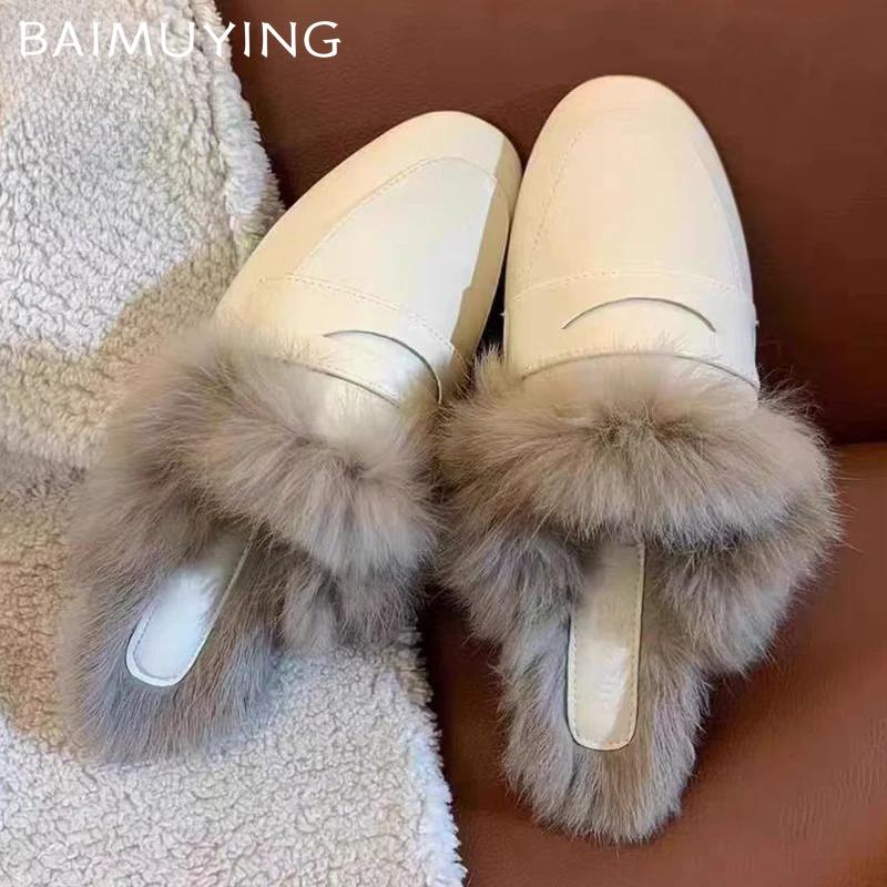 Меховые женские тапочки на плоской подошве Мюли Кожаная обувь Женские 2024 Тенденция Зима Теплая Модная Короткая Мягкая Хлопковая Обувь Ботинки Слингбэк Сноу Ботас