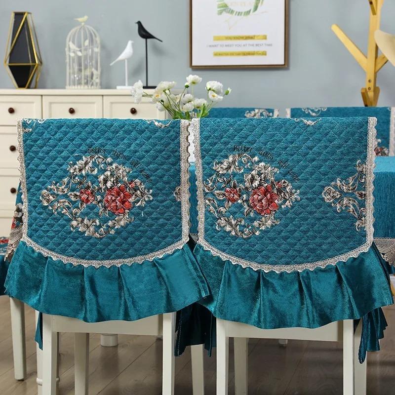 Флоковая прямоугольная кружевная скатерть, набор подушек для стула, пылезащитная скатерть для банкета, чехол для обеденного стола, вышивка чехла на стул